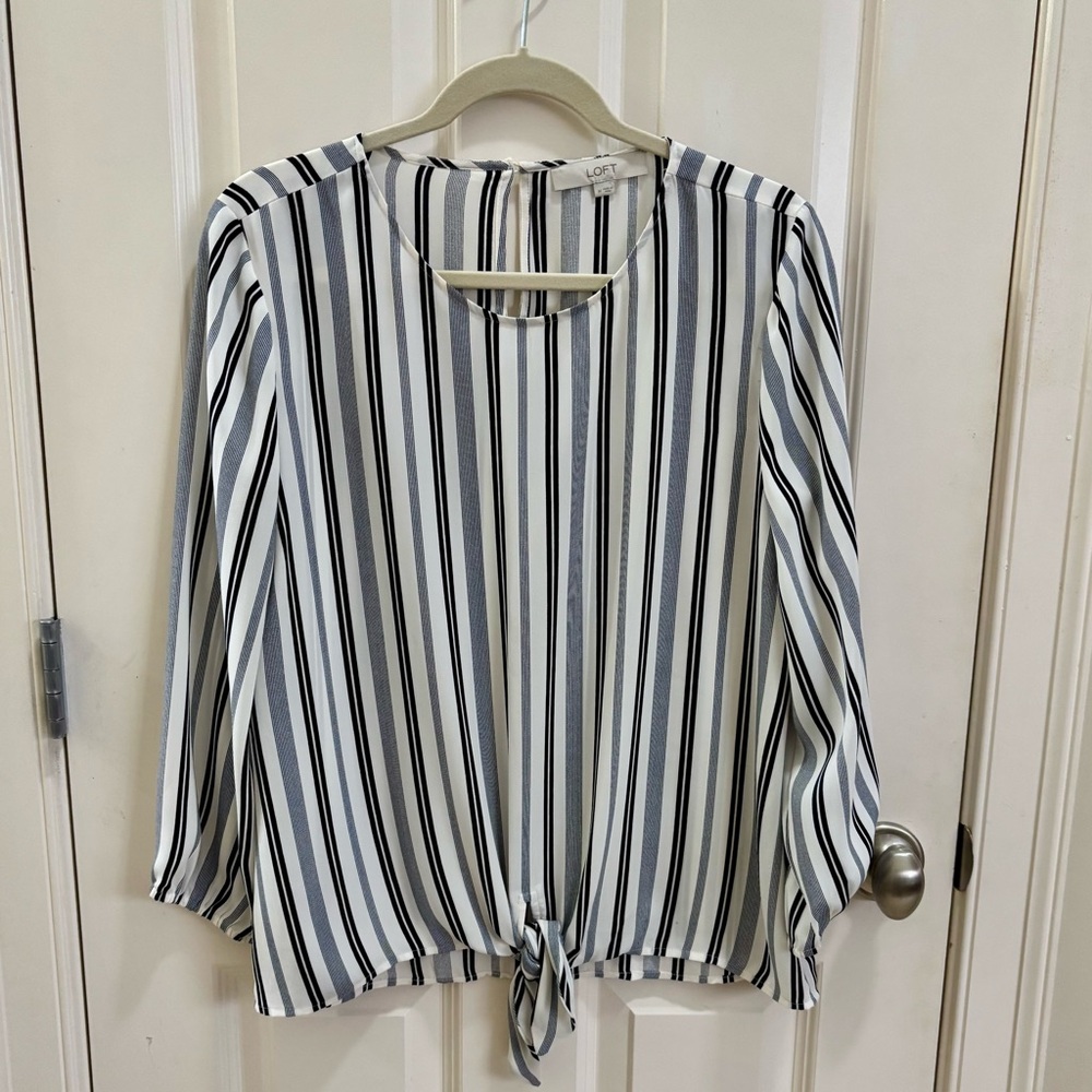 LOFT Blue and White Relaxed Tie Front Blouse
